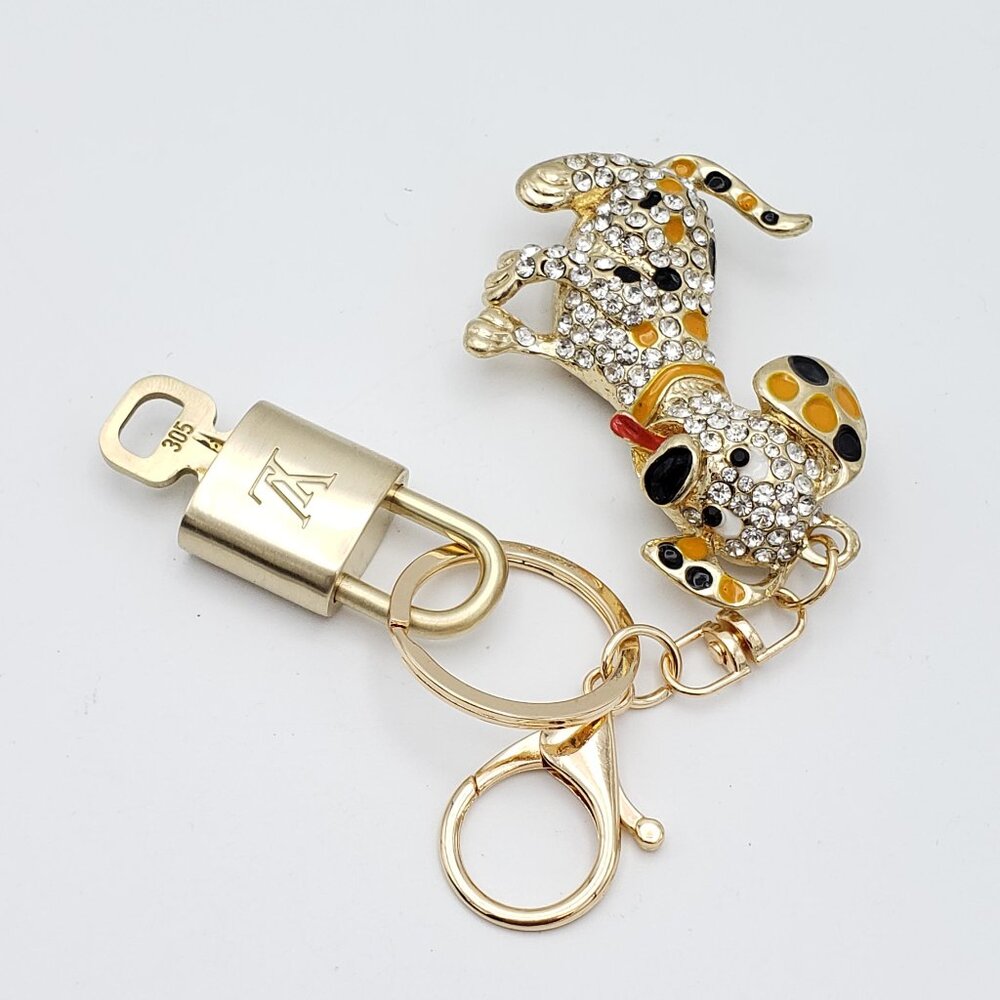 Authentic Louis Vuitton Gold Padlock & Key w/Unbranded Rhinestone Dog Keychain - Picture 7 of 9